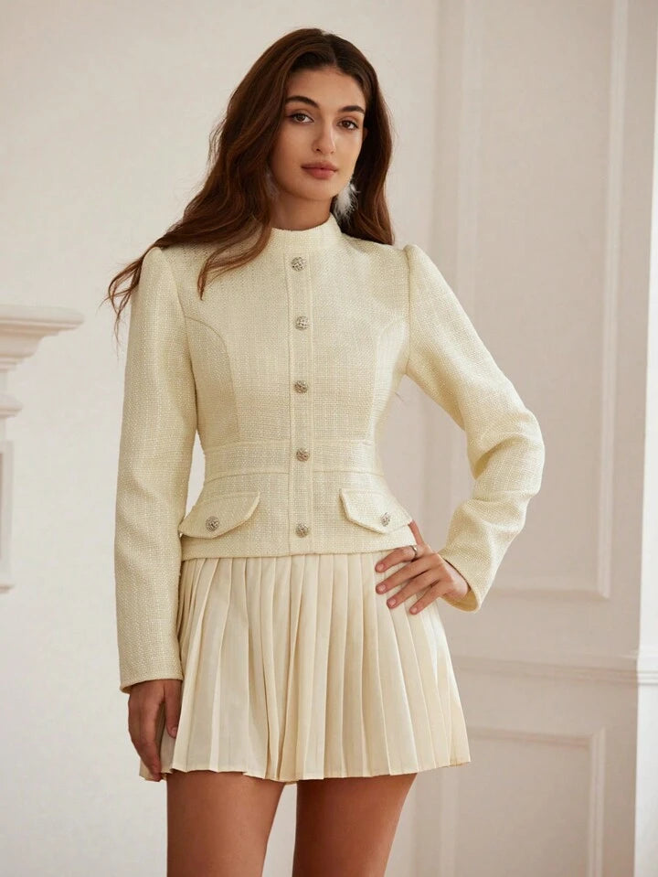 CM-DS876080 Women Elegant Seoul Style Waist Cinching Slimming Textured Patchwork Pleated Dress - Apricot