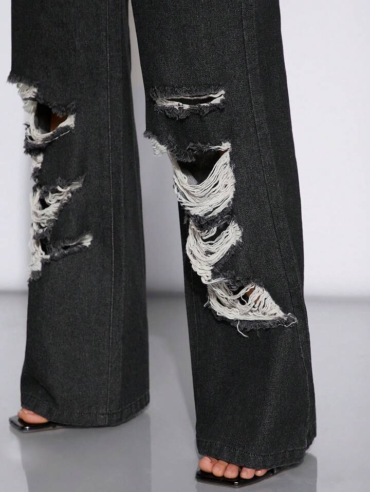 CM-BS180086 Women Casual Seoul Style Slant Pocket Distressed Flare Leg Jeans - Black