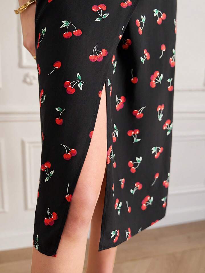 CM-DS467484 Women Trendy Bohemian Style V-Neck Cherry Print A-Line Midi Dress