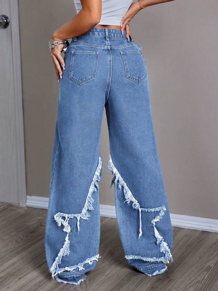 CM-BS141724 Women Casual Seoul Style Medium Wash Fringed Mom Fit Wide Leg Jeans
