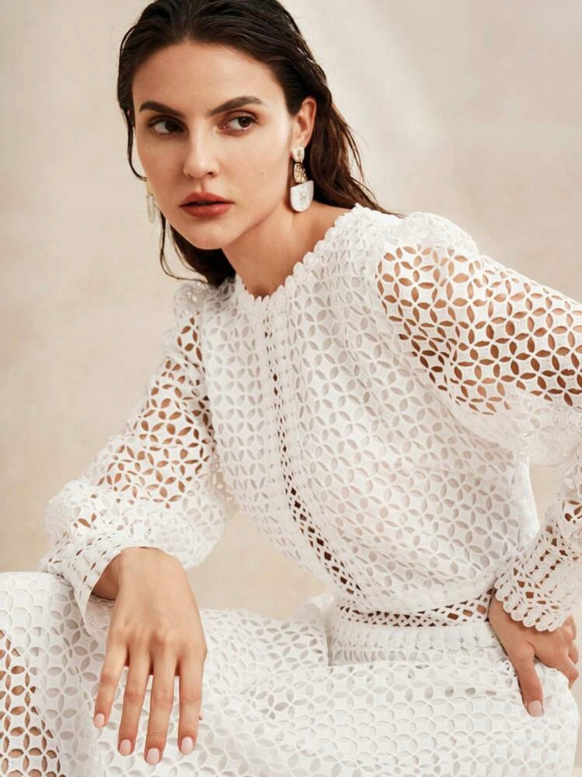 CM-DS007754 Women Elegant Seoul Style Round Neck Flounce Sleeve Floral Patchwork A-Line Dress - White