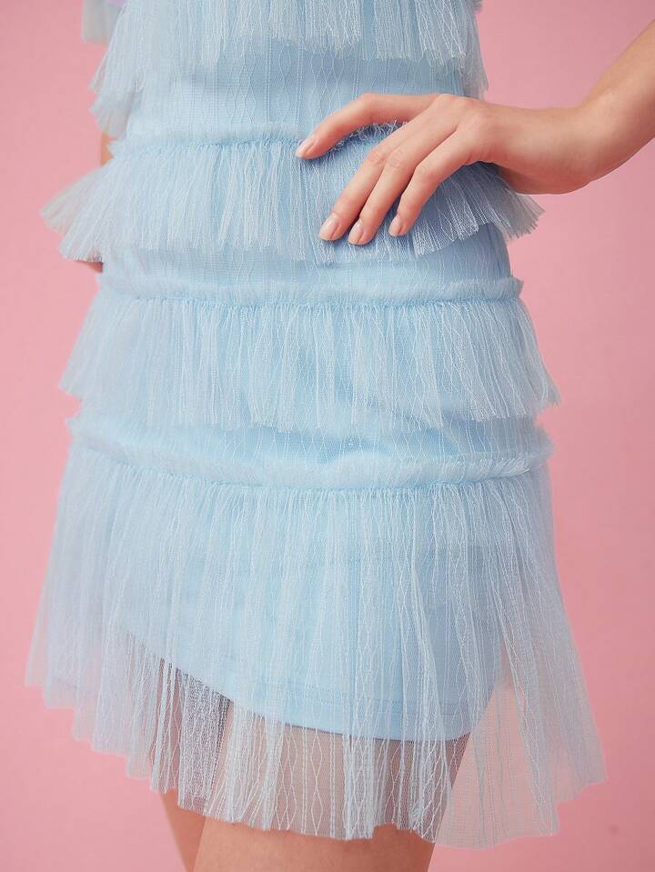 CM-DS603704 Women Elegant Seoul Style V-Neck Short Sleeve Mesh Splicing Ruffle Trim Dress - Blue
