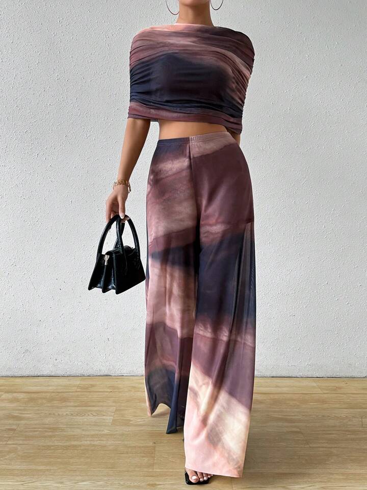 CM-SS675704 Women Trendy Bohemian Style Pleated Slim Fit Top With Wide-Leg Loose Pants - Set