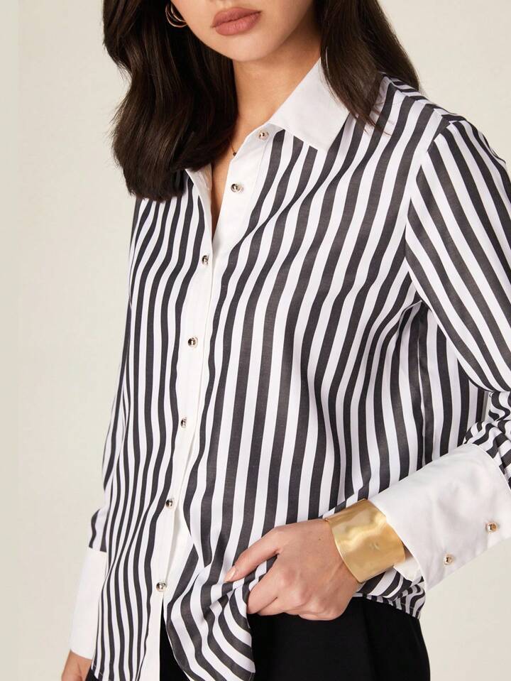 CM-TS922180 Women Elegant Seoul Style Striped Shirt Collar Long Sleeve Loose Blouse