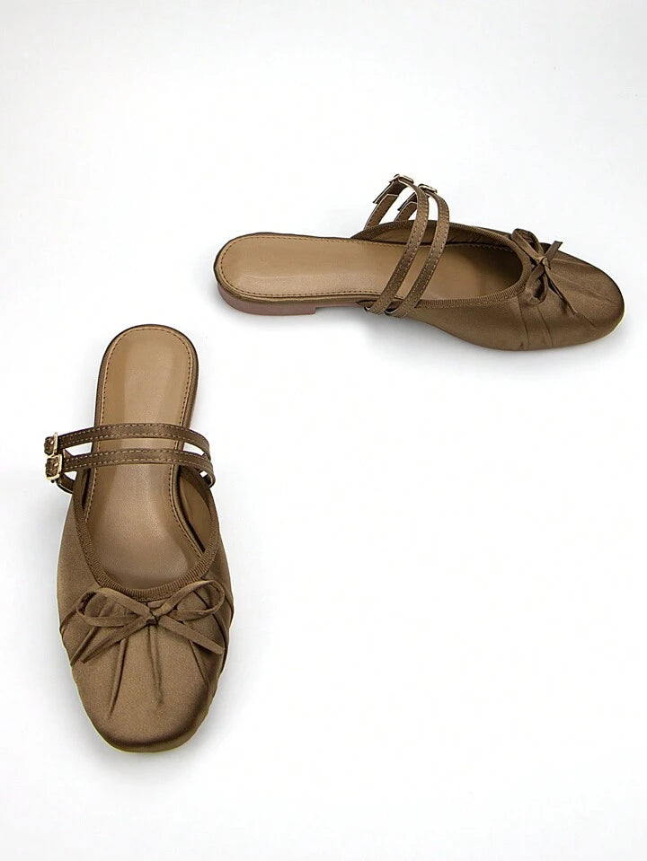 CM-SHS788522 Women Trendy Seoul Style Thin Strap Buckle Bow Satin Square Toe Slip-On Ballet Flats - Brown