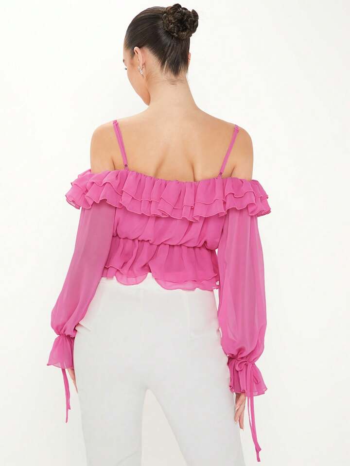 CM-TS353395 Women Casual Seoul Style Cold-Shoulder Long Sleeve Ruffle Trim Blouse - Pink