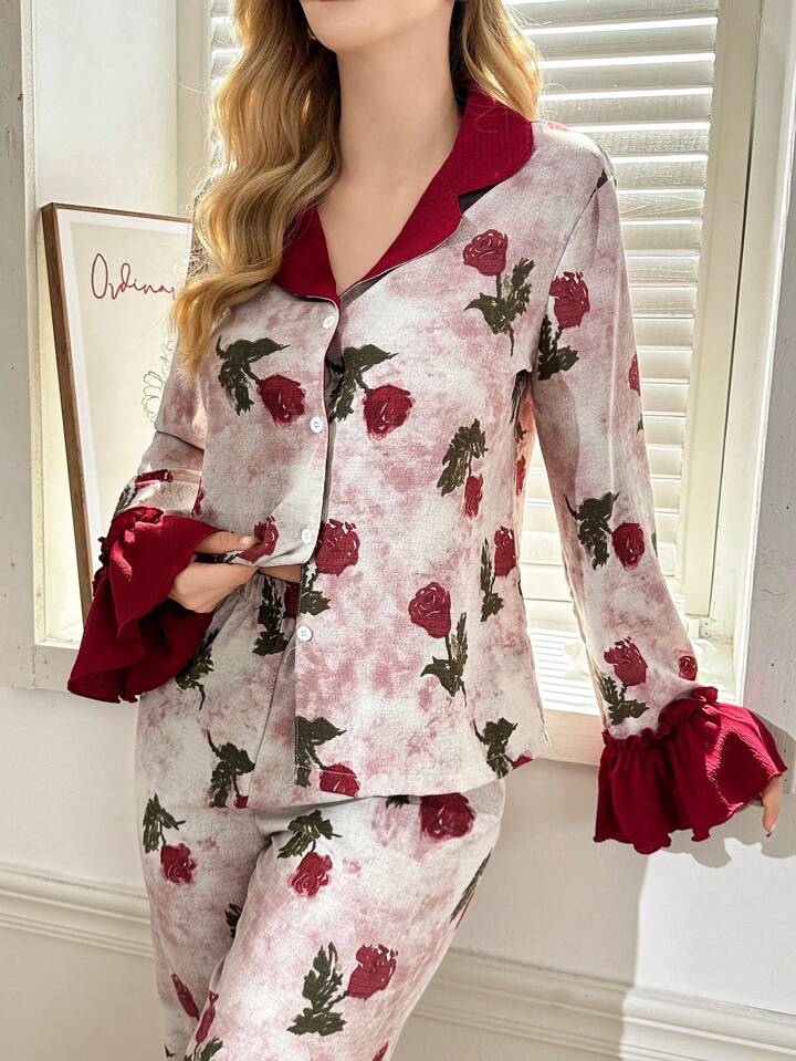 CM-LS114412 Women Trendy Seoul Style Colorblock Ruffle Collar Bubble Crepe Floral Print Sleepwear Set