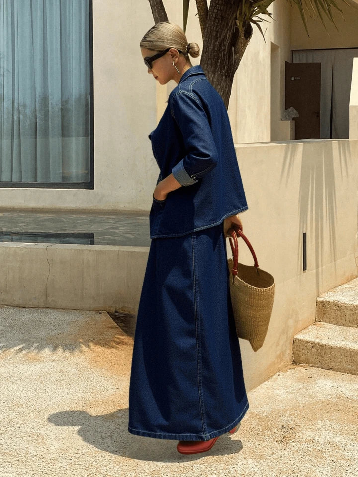 CM-SS677448 Women Casual Seoul Style Minimalist Button Front Short Sleeve Top With Denim Skirt - Set