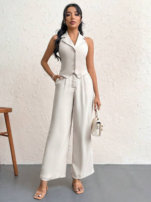 CM-SS555980 Women Casual Seoul Style Notched Lapel Single-Breasted Suit Vest With Wide Leg Pants - Set