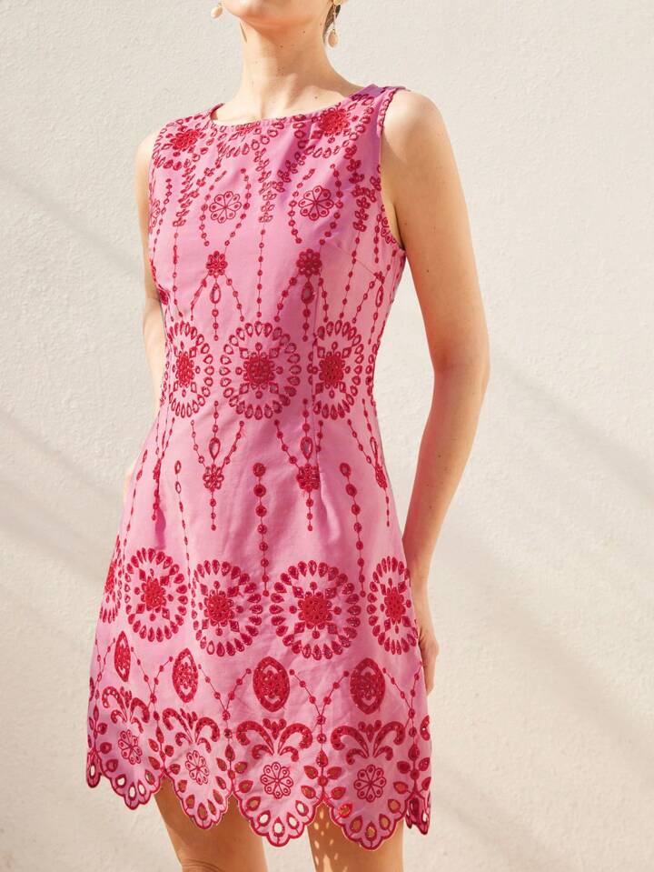 CM-DS519153 Women Trendy Bohemian Style Color-Block Hollow Out Embroidery Scalloped Hem Fitted Dress