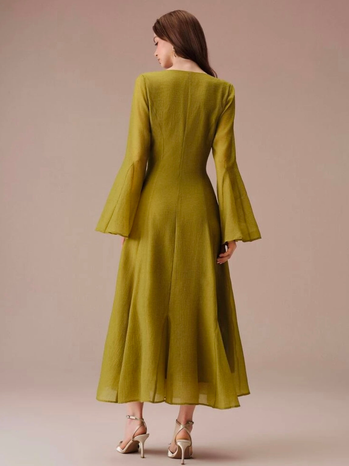 CM-DS291710 Women Elegant Seoul Style Pleated Waist-Cinching Front Button Flared A-Line Ruffle Hem Long Dress