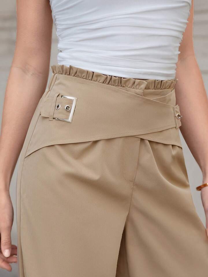 CM-BS766637 Women Elegant Seoul Style Criss Cross High Waistband Wide Leg Pants - Khaki