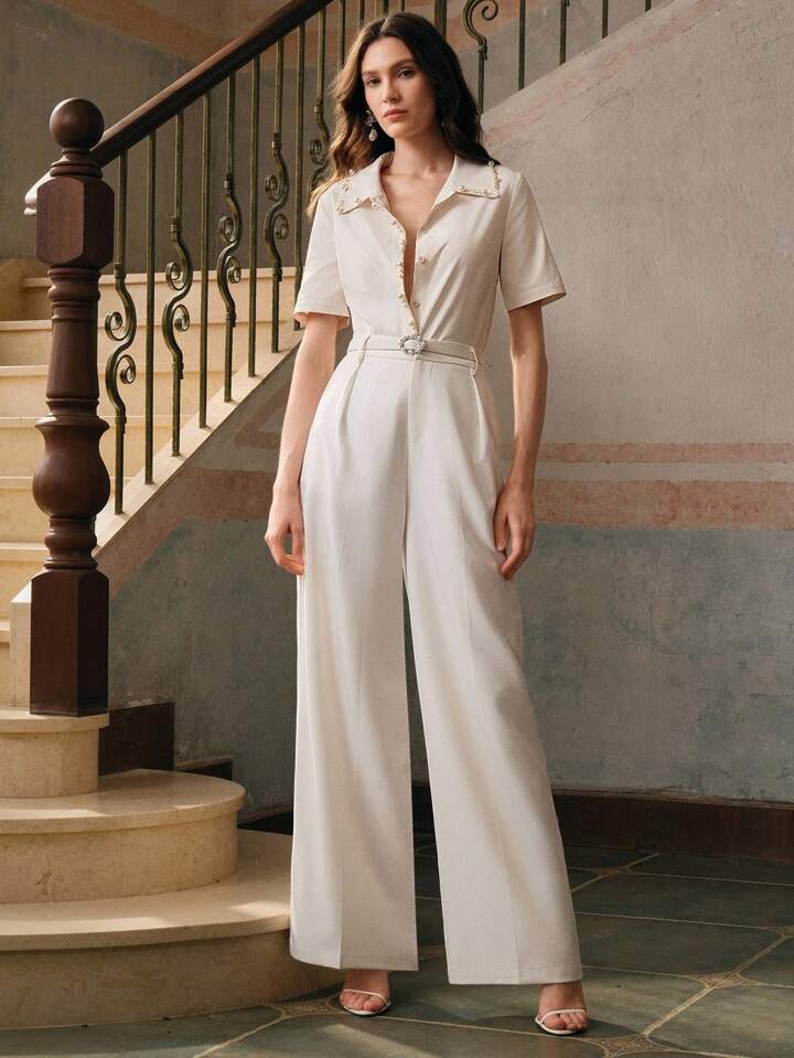 CM-TS054012 Women Elegant Seoul Style Studded Pearl Trim Collar Short Sleeve Blouse - Apricot