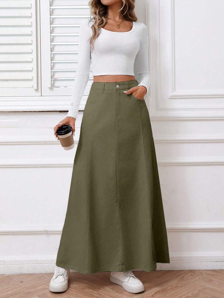 CM-BS551781 Women Casual Seoul Style Solid Color Front Button Pocket Denim Midi Skirt - Army Green