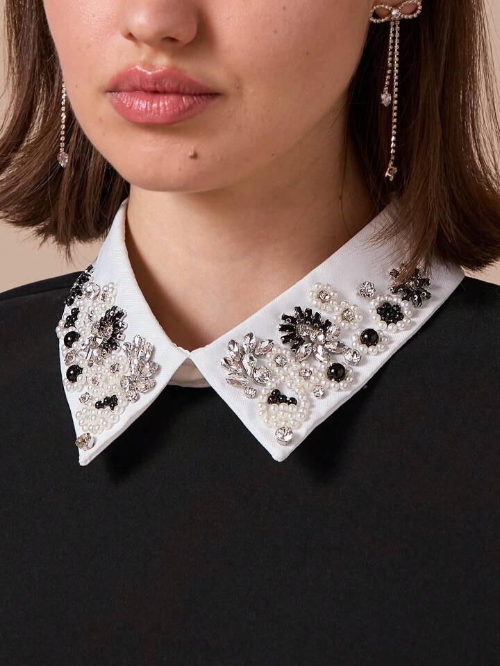 CM-DS235485 Women Elegant Seoul Style Pearl Rhinestone Decor Collar Short Sleeve A-Line Short Dress