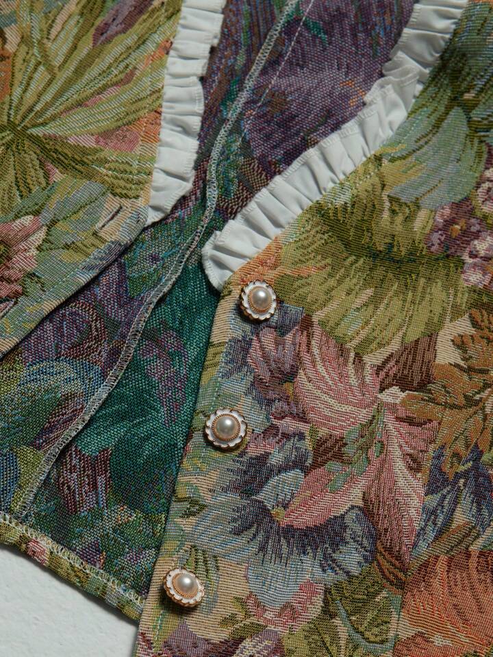 CM-TS413203 Women Casual Seoul Style Jacquard Patchwork Faux Tencel Contrast Collar Ruffle Bubble Long Sleeve Blouse