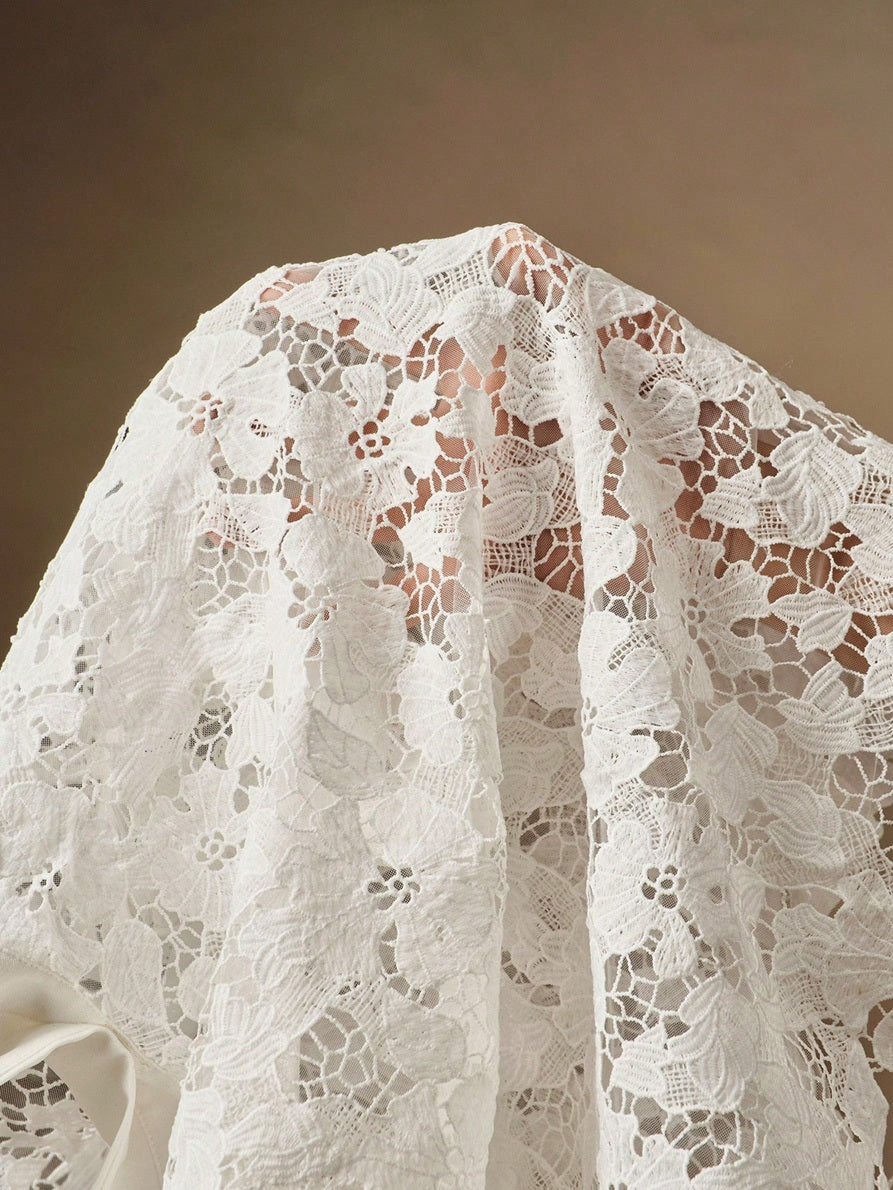 CM-TS613219 Women Elegant Seoul Style Sheer Embroidery Hollow Floral Polo Collar Open Front Blouse - White
