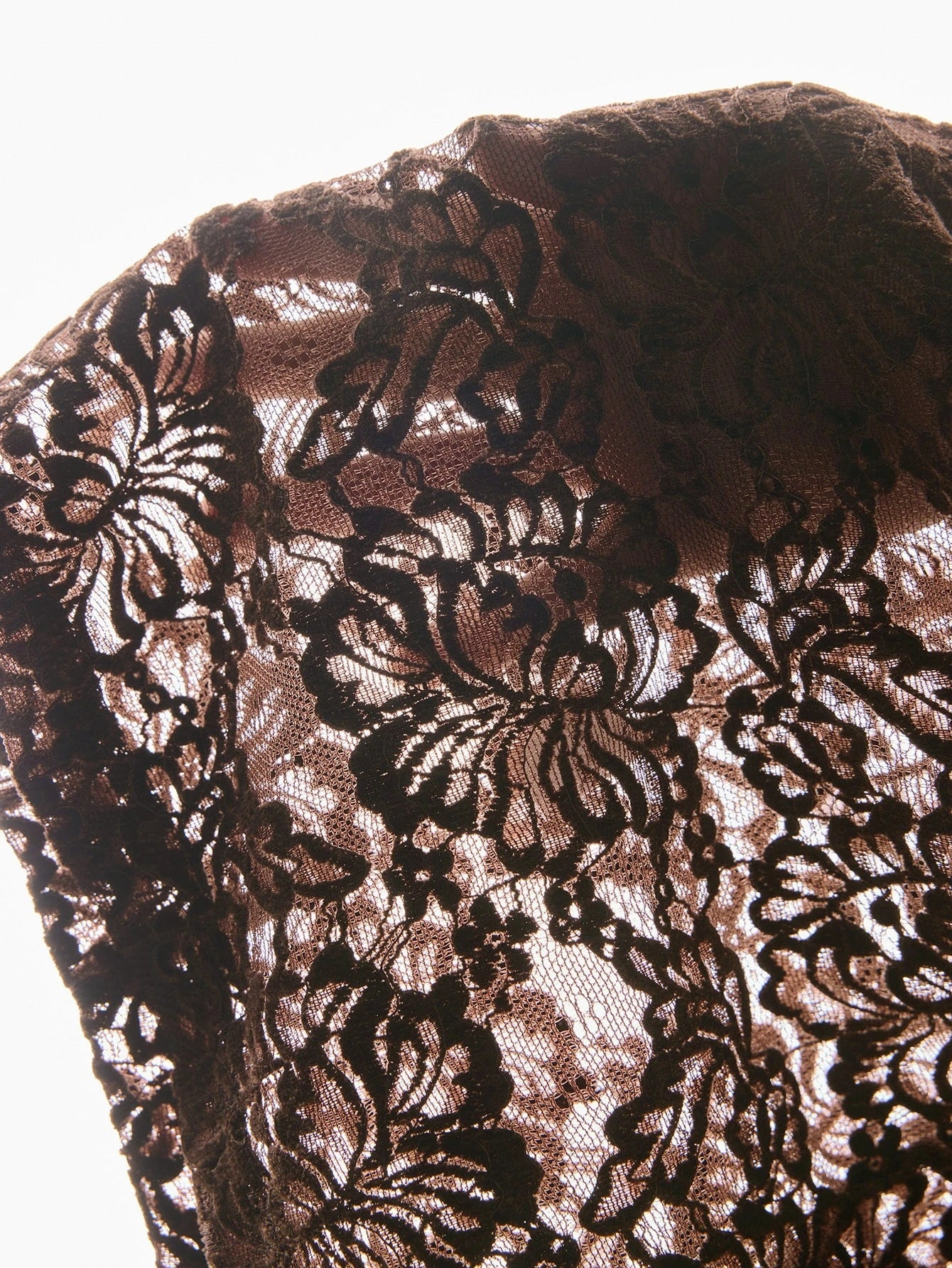 CM-TS244644 Women Elegant Seoul Style Collar Neckline Long Sleeve Open Front Lapel Elastic Lace Fitted Top - Coffee Brown
