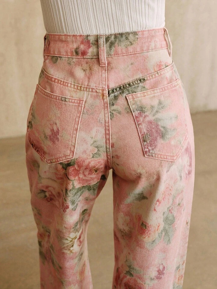 CM-BS799989 Women Casual Seoul Style Mid Waist Floral Printed Straight Leg Jeans - Pink