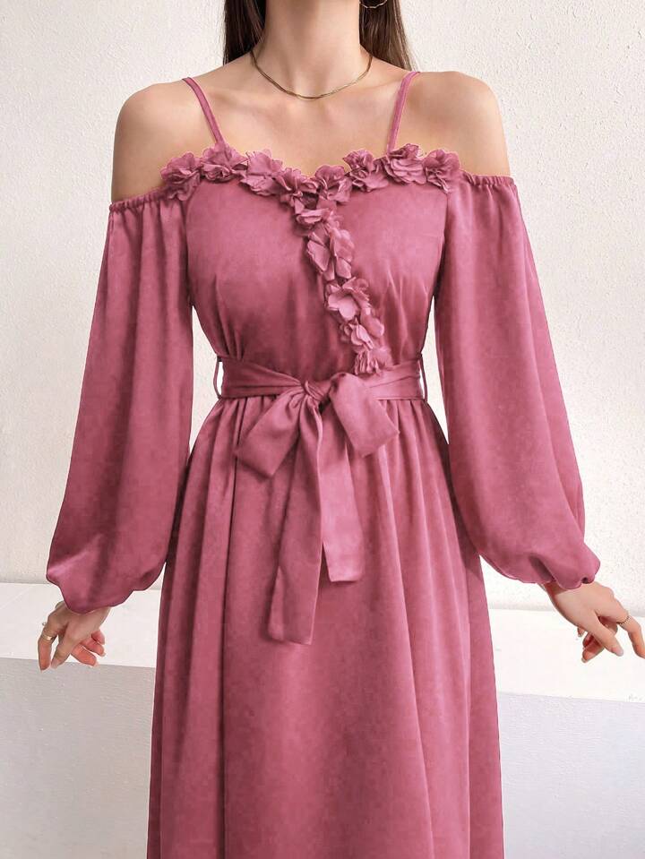CM-DS948731 Women Casual Seoul Style Off-Shoulder Long Sleeve A-Line Dress With Belt - Pink