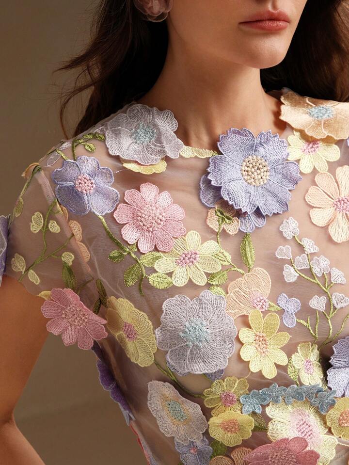 CM-TS588829 Women Elegant Seoul Style Round Neck Flounce Sleeve Embroidery Floral Applique Blouse - Baby Pink