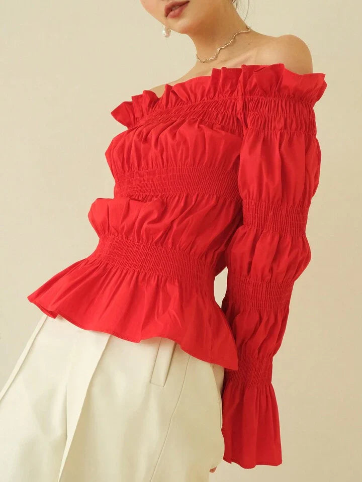CM-TS701937 Women Trendy Bohemian Style Bubble Sleeve Off-Shoulder Wrinkled Shirt - Red