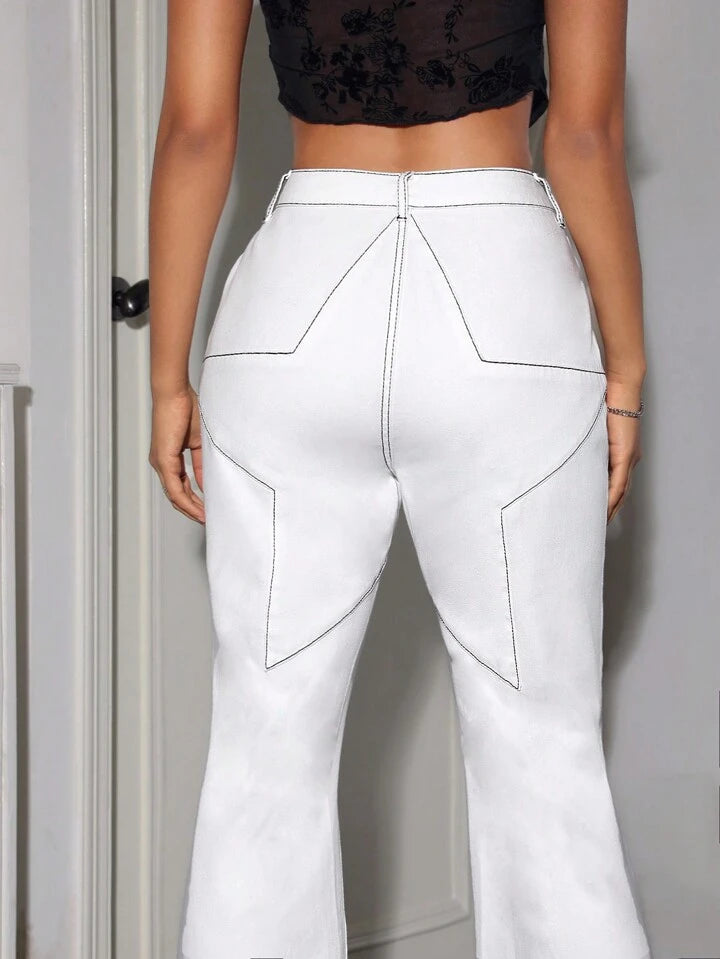 CM-BS766591 Women Casual Seoul Style Top-stitching Bootcut Flare Leg Jeans - White