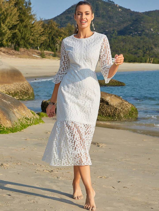 CM-DS998498 Women Trendy Bohemian Style Round Neck Flare Sleeve A-Line Midi Dress - White
