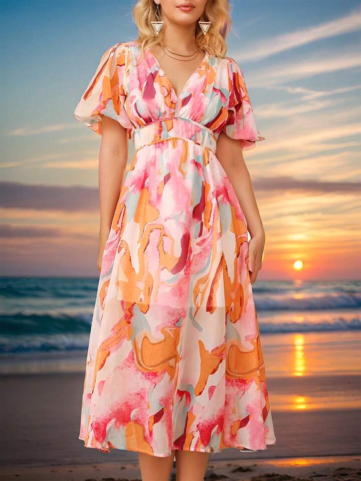 CM-DS422422 Women Trendy Bohemian Style Tie-Dye Printed V-Neck Short Puff Sleeve Large Hem Dress