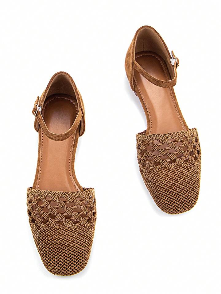 CM-SHS960395 Women Trendy Seoul Style Crochet Hollow Decor Faux Suede Square Toe Slip-On Flat Shoes - Brown