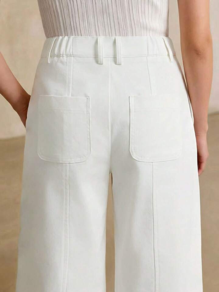 CM-BS763830 Women Elegant Seoul Style Mid Waist Colorful Rhinestone Decor Flared Pants - White