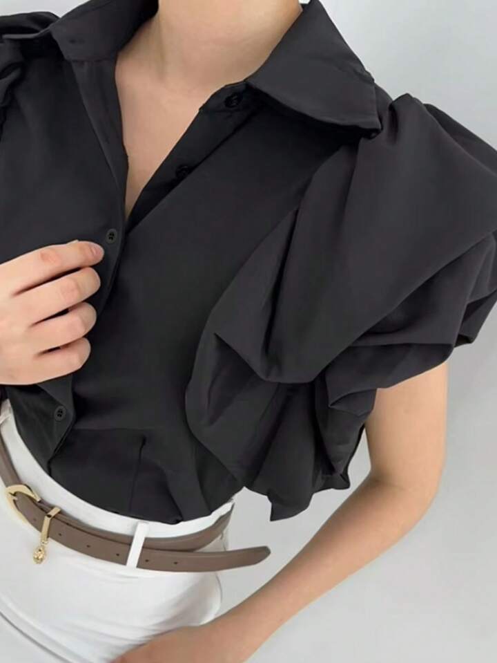 CM-TS711617 Women Casual Seoul Style Solid Color Shirt Collar Puff Sleeve Single-Breasted Blouse - Black
