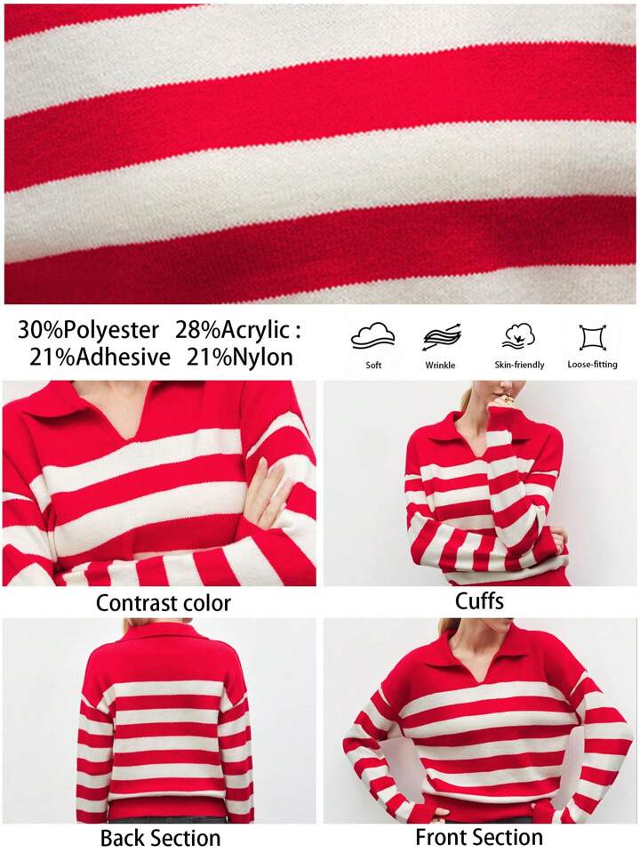 CM-CS176649 Women Casual Seoul Style Stripe Collar Neckline Drop Shoulder Long Sleeve Sweater - Red