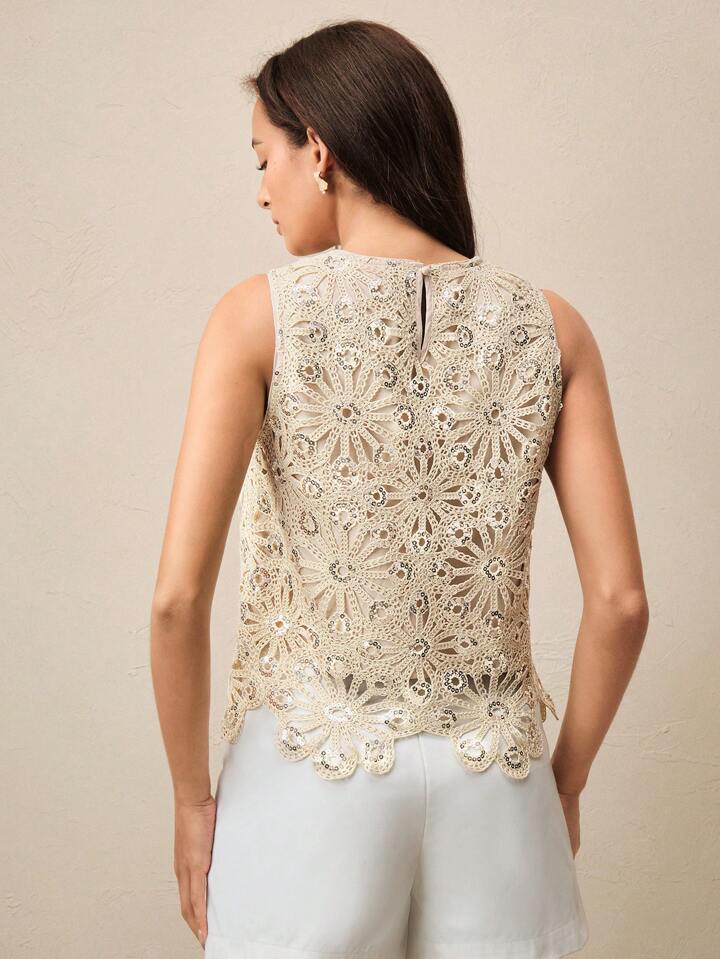 CM-TS574575 Women Elegant Seoul Style Lace Crochet Sequin Decor Round Neck Sleeveless Camisole - Apricot