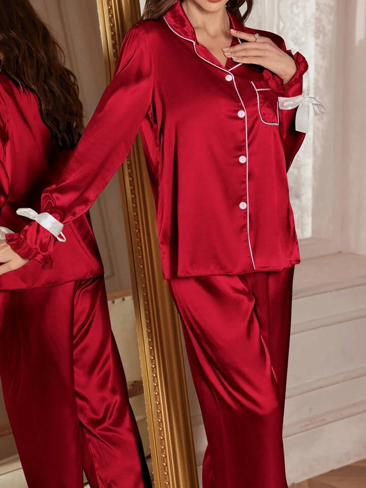 CM-LS566663 Women Trendy Seoul Style Faux Silk Tie Cuff Long Sleeve Top With Pants Pajama Set - Red