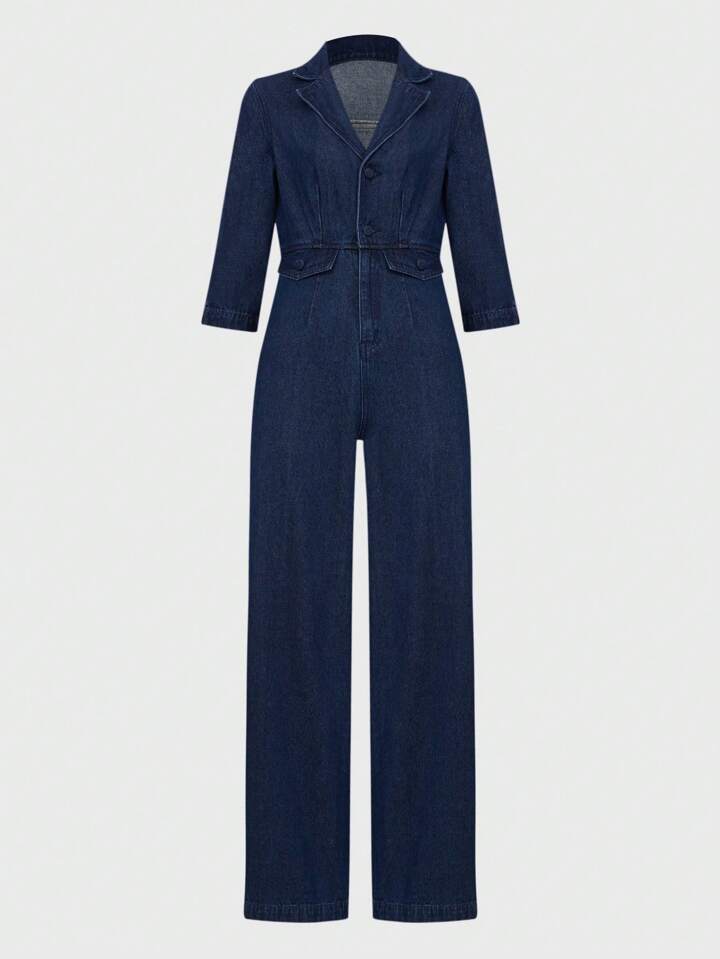 CM-JS431694 Women Casual Seoul Style Dark Wash Lapel Neckline 3/4 Sleeve Denim Flare Jumpsuit