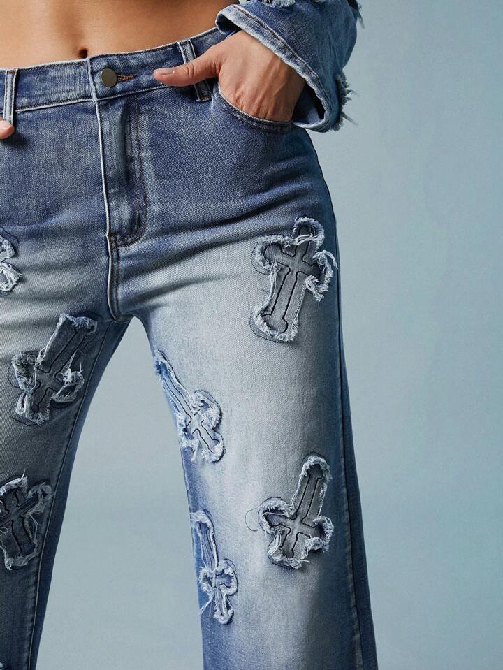 CM-BS081312 Women Casual Seoul Style Medium Wash Cross Patch Washed Wide Leg Jeans