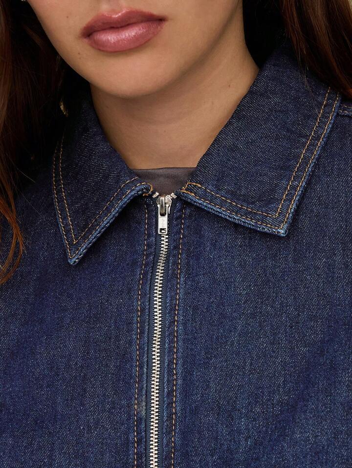 CM-CS494036 Women Casual Seoul Style Dark Wash Zip Front Fitted Crop Denim Jacket