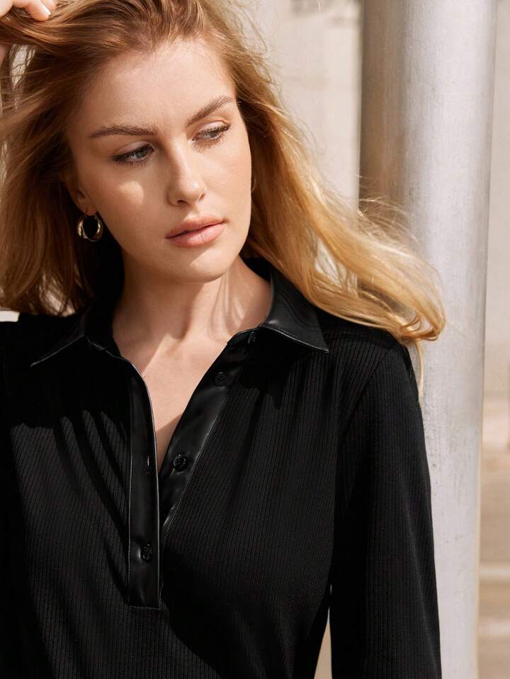 CM-TS638115 Women Casual Seoul Style Polo Neckline PU Spliced Long Sleeve T-Shirt - Black