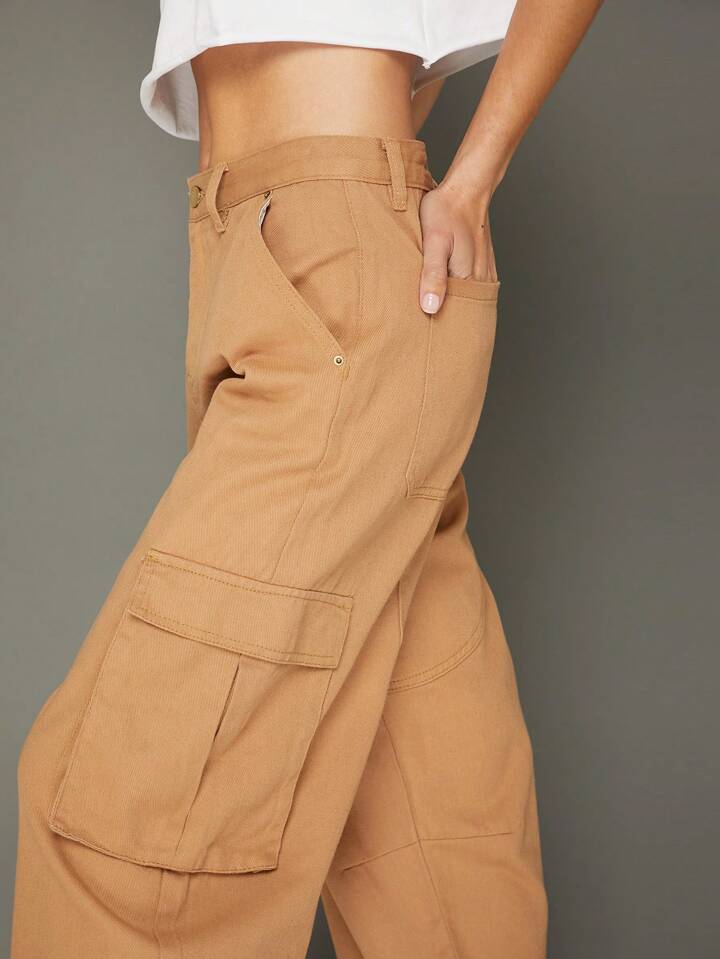 CM-BS513933 Women Casual Seoul Style Premium Denim Cargo Barrel Leg Jeans - Camel