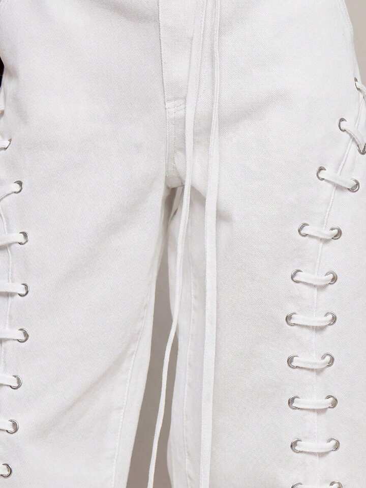 CM-BS282597 Women Casual Seoul Style Low Waist Eyelet Lace Up Loose Fit Denim Jorts - White