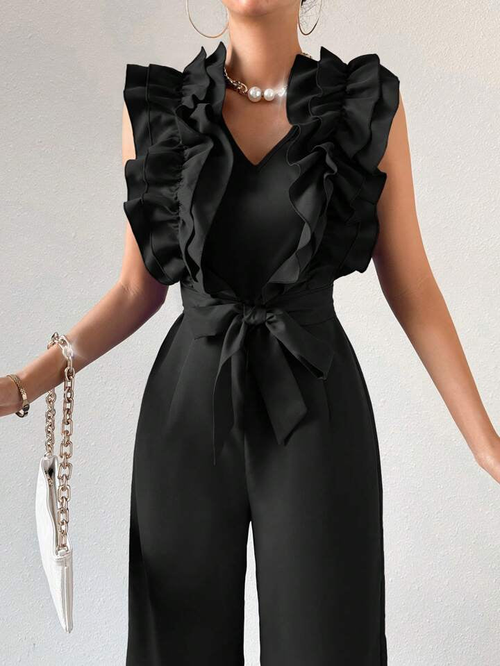 CM-JS141433 Women Elegant Seoul Style V-Neck Loose-Fitting Ruffle Trim Jumpsuit - Black