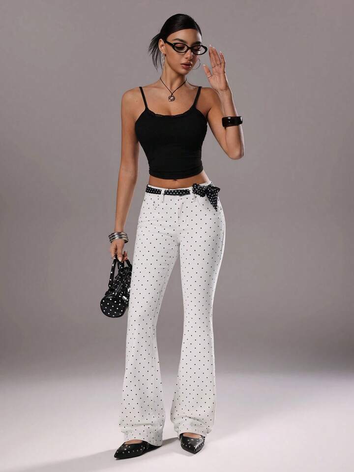 CM-BS188025 Women Casual Seoul Style Polka Dot Low Waist Flare Leg Jeans - White