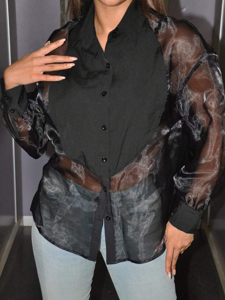 CM-TS762548 Women Elegant Seoul Style Ultra-Loose Style Sheer Mesh Patchwork Shirt - Black