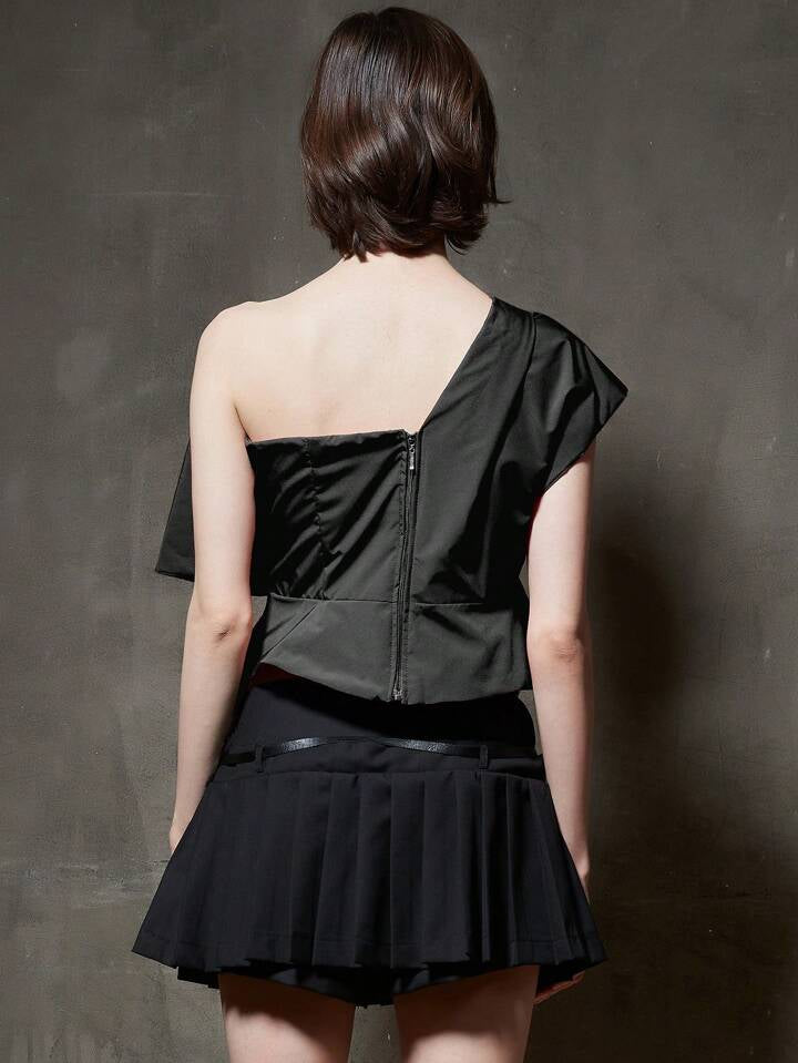 CM-TS619059 Women Casual Seoul Style Front Bow Asymmetrical Collar Blouse - Black