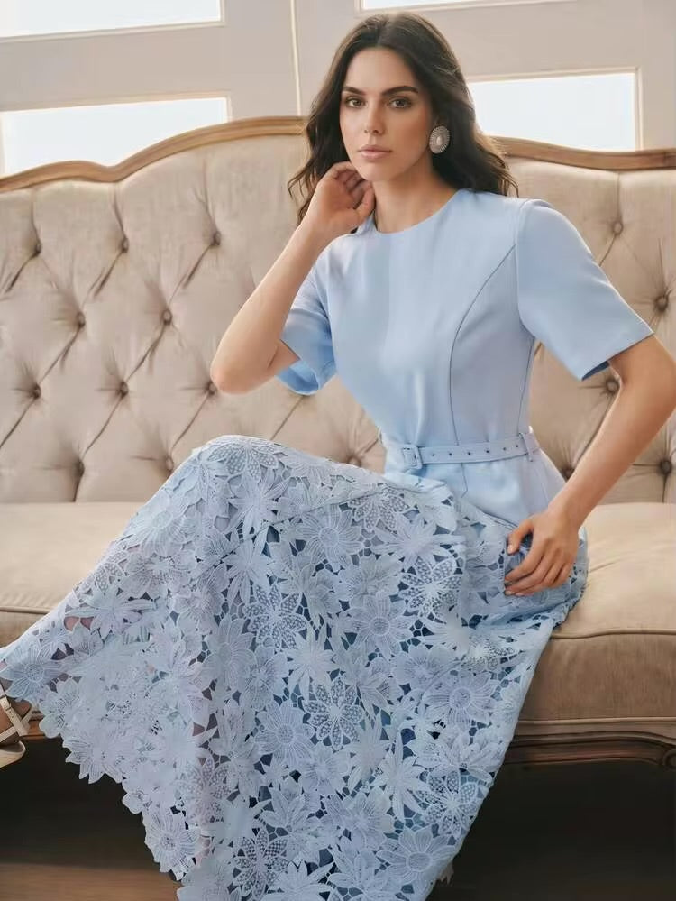 CM-DS750591 Women Elegant Seoul Style Round Neck Short Sleeve Water-Soluble Lace Patchwork A-Line Dress - Blue