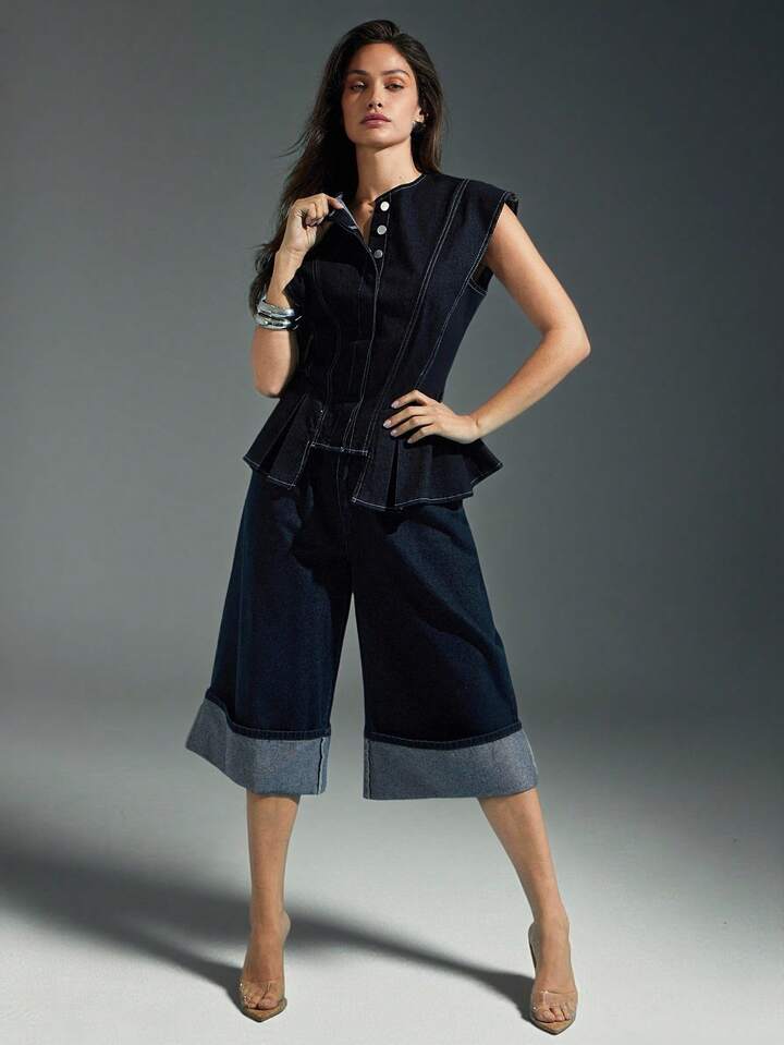 CM-TS303094 Women Elegant Seoul Style Dark Wash Round Neck Sleeveless Asymmetric Ruffle Hem Denim Blouse