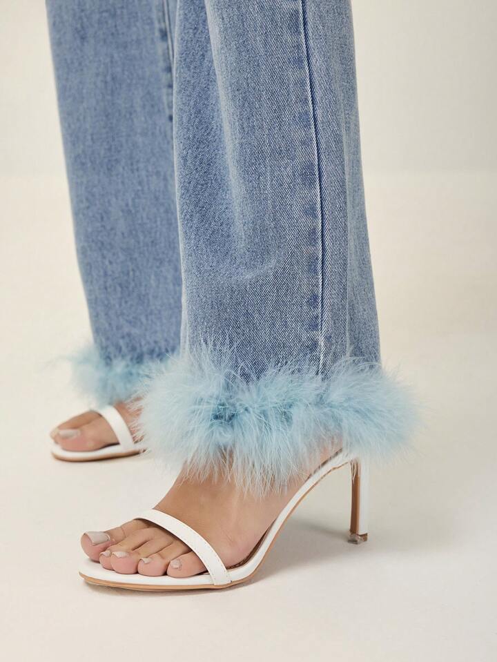 CM-BS588115 Women Casual Seoul Style Medium Wash Fluffy Patchwork Loose Flare Leg Jeans