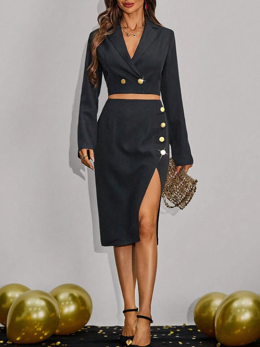 CM-SS041394 Women Elegant Seoul Style Double Breasted Short Blazer With Skirt Suit - Black