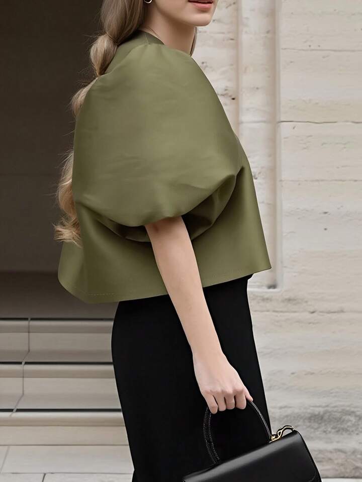 CM-TS454206 Women Elegant Seoul Style Solid Color Round Neck Puff Sleeve Shirt - Green